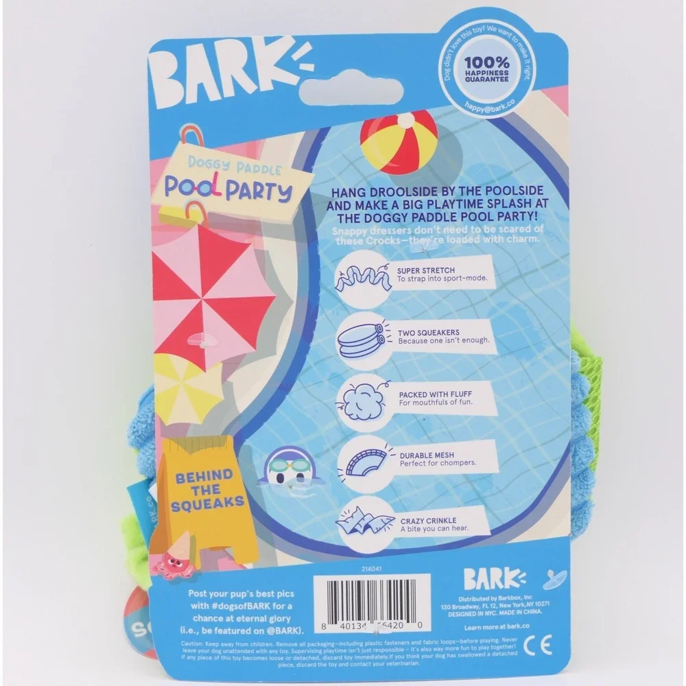 BARK Doggy Paddle Pool Party Crocks Dog Toy Dog Size XS-S w/ Squeakers & Crinkle